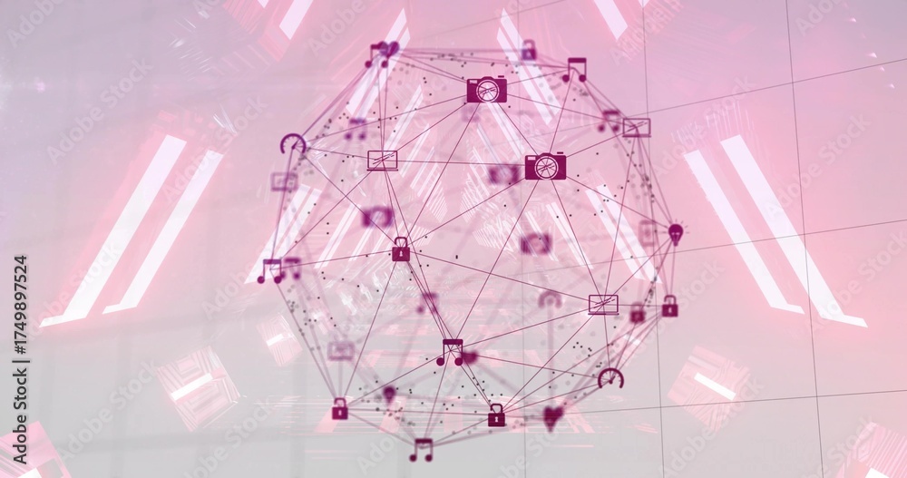 Wall mural floating sphere showing nodes in data space, with padlock, musical note, envelope, camera icons