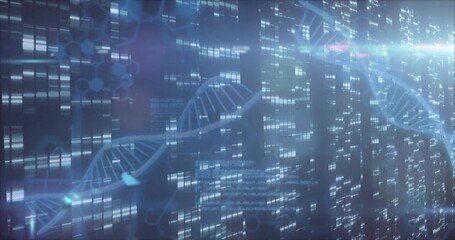 Floating holographic DNA helix rotating in display, with bars hex overlays code and lens flare