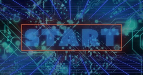 Displaying pixelated blue START letters floating in red frame on navy grid, with neon circuit lines
