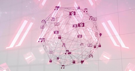 Floating sphere showing nodes in data space, with padlock, musical note, envelope, camera icons