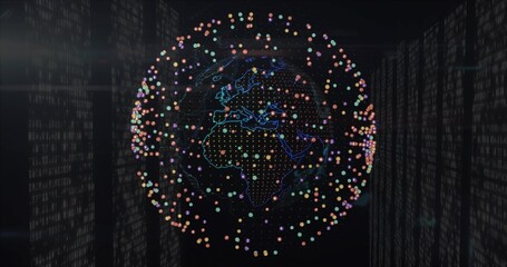 Rotating 3D globe outlining neon continents in data space, orbiting spheres and binary code panels