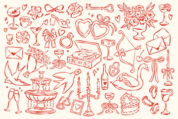 Whimsical wedding and love doodle collection. Art for greeting card, logo design, brand identity, packaging design. © DesignThatMatters