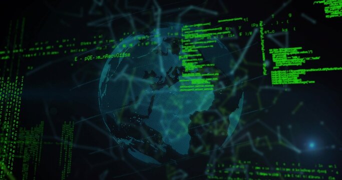 Displaying holographic dotted globe rotating in 3D network interface, with green code streams