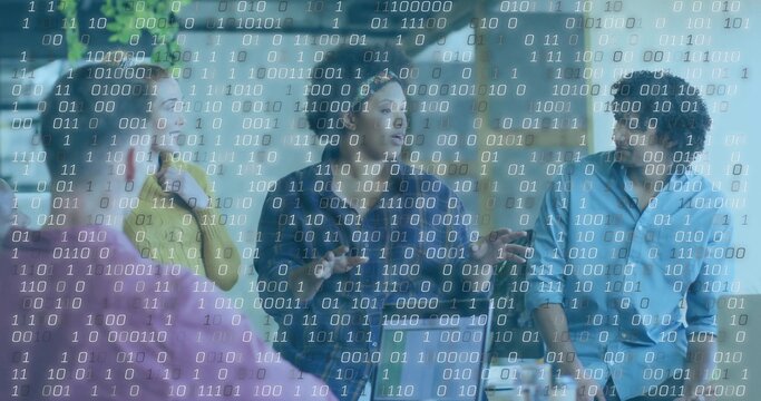 Collaborating professionals brainstorming in modern meeting room, with laptops mug binary overlay