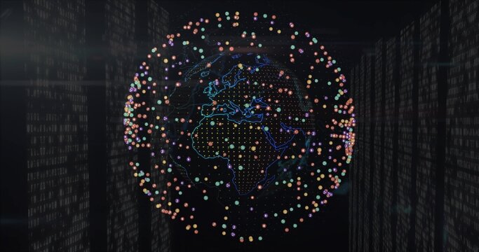 Rotating 3D globe outlining neon continents in data space, orbiting spheres and binary code panels - Powered by Adobe