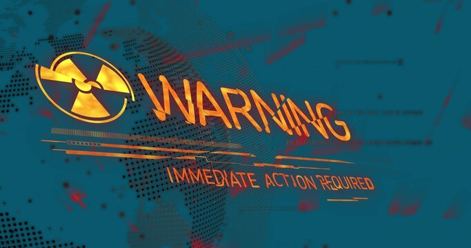 Displaying warning interface on holo UI, with WARNING text, radiation symbol and glitch map overlay