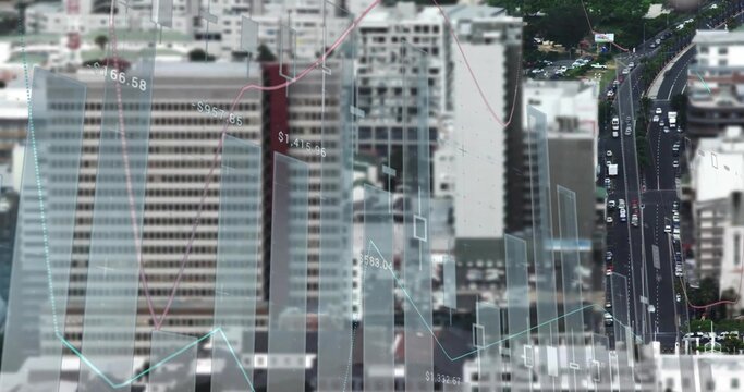 Overlaying financial data on downtown skyline, with bar charts, line graphs, and numeric labels