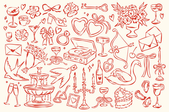 Whimsical wedding and love doodle collection. Art for greeting card, logo design, brand identity, packaging design.