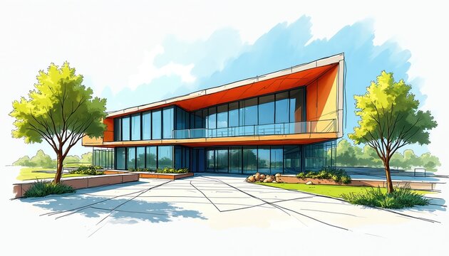 Modern architectural sketch of a large house with glass walls and orange accents. Surrounded by green trees and landscaping. Clean lines and open space design. - Powered by Adobe