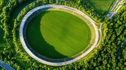 Aerial view of modern stadium surrounded by lush greenery, showcasing vibrant green field and minimalist architectural design