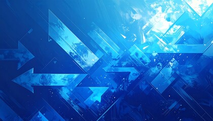 A dynamic abstract with angular shapes and arrows overlapping a gradient of blues, suggestive of movement and direction