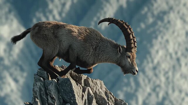 Majestic ibex stands proudly on rocky cliff against dramatic cloudy sky 4k