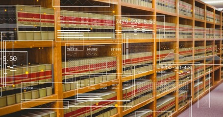 Displaying wooden bookshelf filled with bound volumes at library, with digital interface graphics