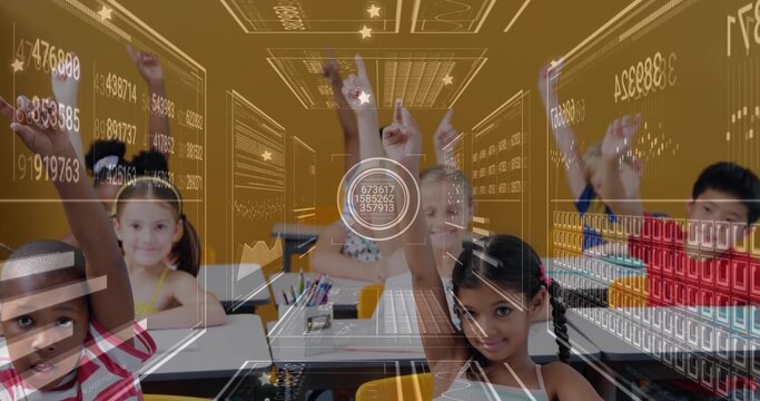 Raising hands nine students volunteering answers in bright classroom, with desks and data overlays