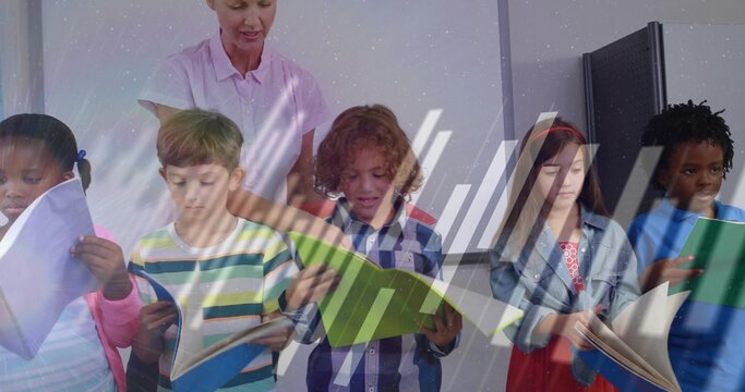 Leading teacher guiding six children reading open books in classroom, with bar chart overlay - Powered by Adobe