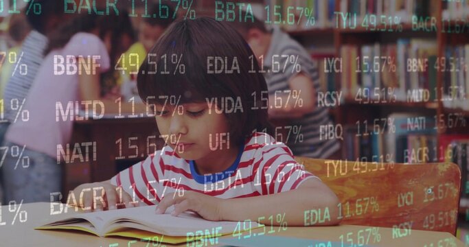 Reading boy in red-and-white t-shirt holding book at library table, with financial ticker overlay - Powered by Adobe