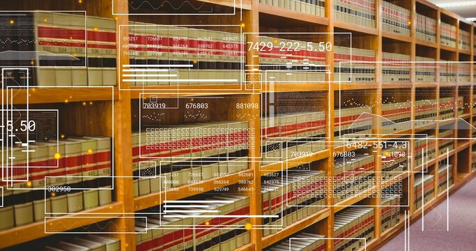 Displaying wooden bookshelf filled with bound volumes at library, with digital interface graphics