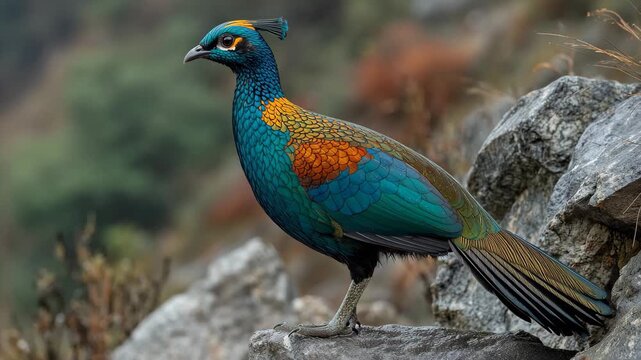 Himalayan monal pheasant struts proudly on mountain rocks in dynamic video footage 4k