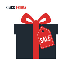 Black Friday Gift Box with Sale Tag and Red Ribbon.