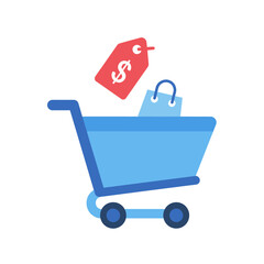 Shopping Cart with Price Tag and Bag Icon.