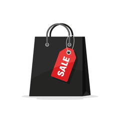 Black Shopping Bag with Red Sale Tag Isolated on White Background.