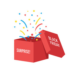 Red surprise box with confetti and Black Friday text.