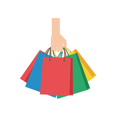 Hand holding colorful shopping bags, a symbol of retail therapy and consumerism.