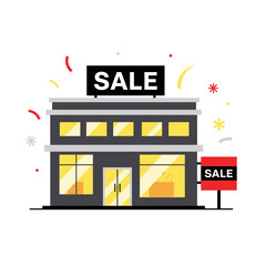 Modern Storefront with Sale Signage and Brightly Lit Windows.