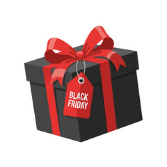 Black Friday Gift Box with Red Ribbon and Tag.