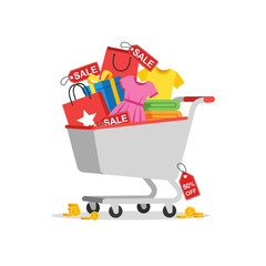 Shopping Cart Overflowing with Sale Items and Discount Tags.