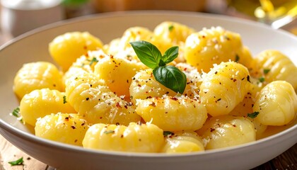 A close-up shot showcases a creamy bowl of gnocchi pasta, speckled with seasonings and garnished with basil. The dish is served on a wooden surface