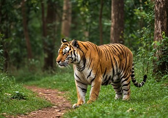 Fototapeta premium A majestic Bengal tiger walks along a narrow dirt path through a dense, vibrant green forest.