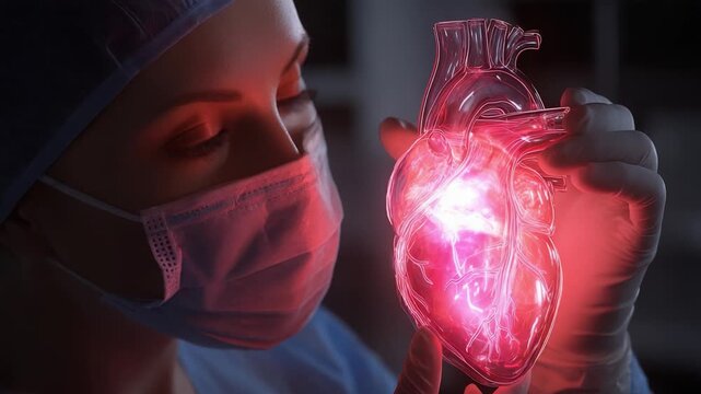 A Medical Professional Examines a Luminous Heart Model, Emphasizing the Importance of Cardiology and Health Visualization in Modern Medicine