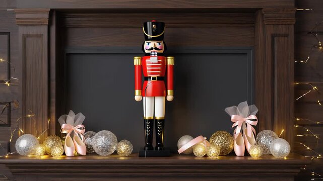 Festive Christmas Decoration: Nutcracker, Ballet Shoes, and Sparkling Ornaments on a Wooden Mantelpiece with Fairy Lights
