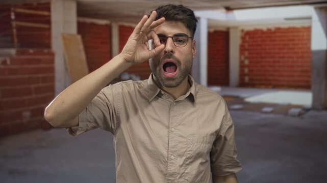 Young hispanic man in beige shirt holds ok sign to eye in building with exposed brick walls and concrete floor; approval.