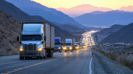 Obraz premium Long haul trucks travel along winding highway dusk, surrounded by mountains and glowing horizon. scene captures essence of transportation