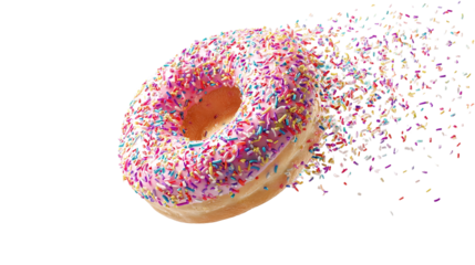 donut with sprinkles falling in motion isolated on transparent white background