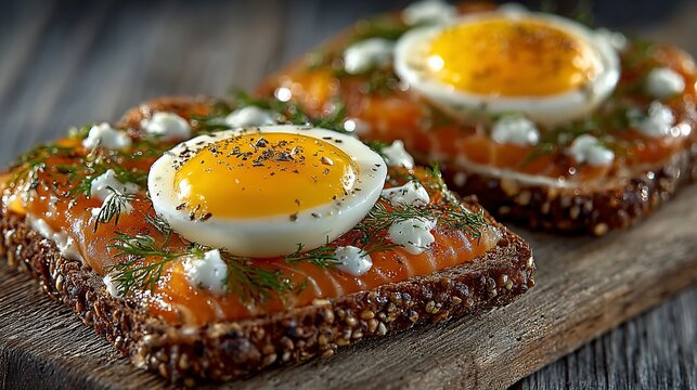 Delicious smorrebrod with salmon, boiled egg, cream cheese and dill on wooden board ready to eat