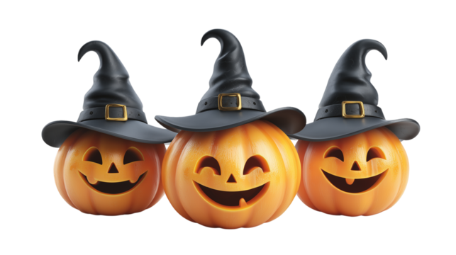 Colorful Halloween pumpkins wearing witch hats celebrate the spooky season with joyful expressions against a bright background Generative AI
