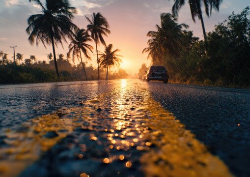Roadside sunset, wet asphalt