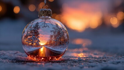 Christmas ornament reflecting a winter sunset