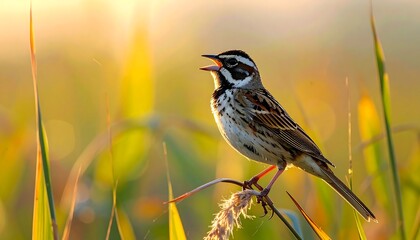 Sparrow Singing in a Field of Grass.