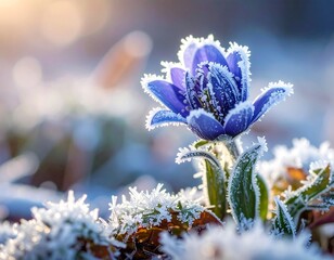Frozen Blue Flower in Winter Landscape.
