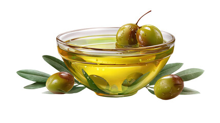 Olive oil. Greek olive oil in glass transparent bowl with branches with leaves and olives