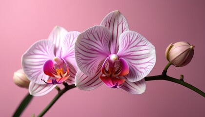 Obraz premium Two elegant Phalaenopsis flowers with white petals, purple stripes bloom on green stem. Fresh blossom bud accompanies. Soft rosy background provides clean copy space. Nature beauty, tropical plant,