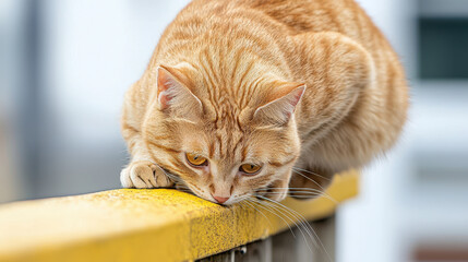 Focused orange tabby cat crouches on railing, preparing to pounce. Its bright eyes and sleek fur highlight its playful nature