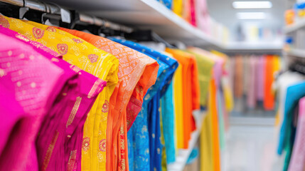 Vibrant collection of traditional garments displayed hangers, showcasing variety of colors including pink, orange, yellow, and blue. bright hues