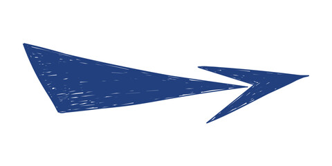 Hand drawn crayon movement blue arrow. Grunge squiggly arrow. Pencil chalk lines sketch. Color brush scribble element. Doodle vector illustration.