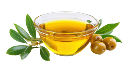 Olive oil. Greek olive oil in glass transparent bowl with branches with leaves and olives