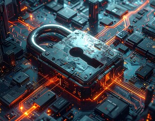 A close-up of a cybernetic padlock atop a circuit board with orange lighting. The lock is metallic, and the board has various microchips